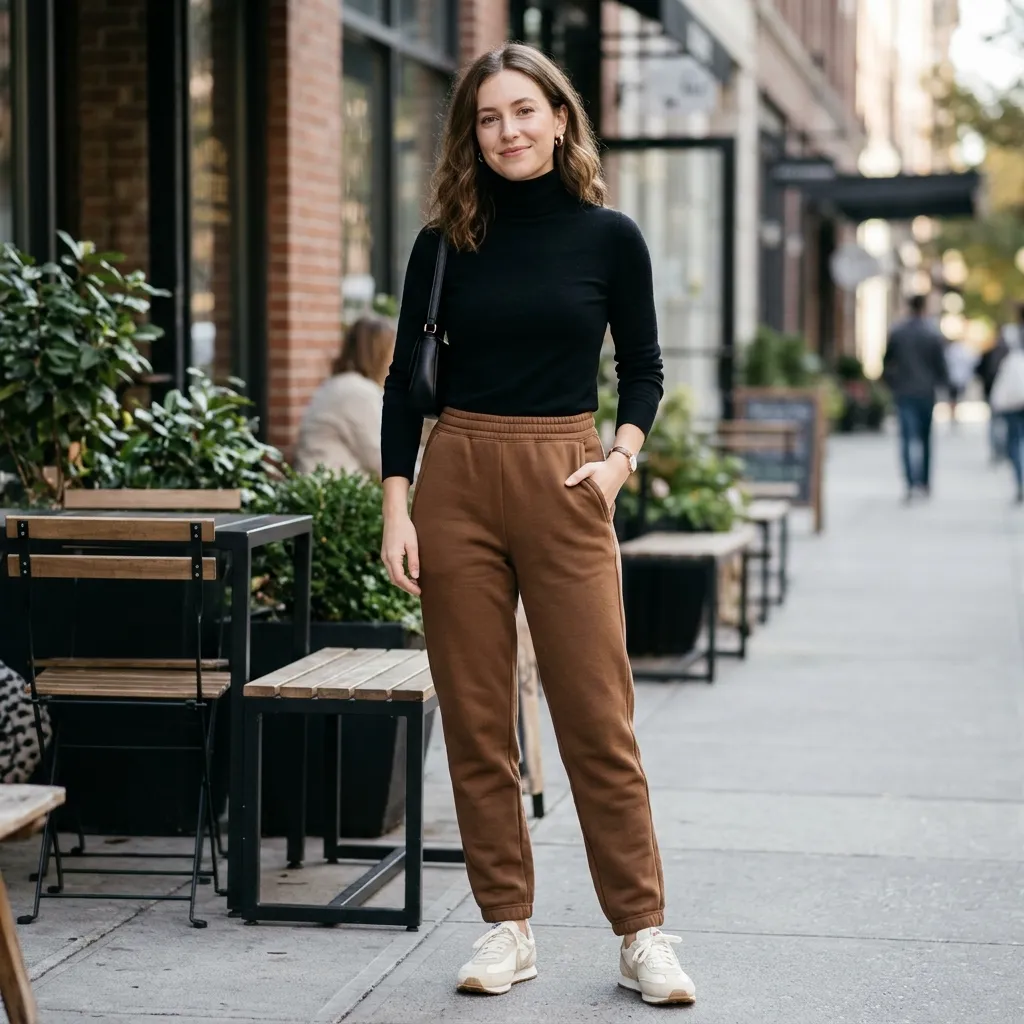 Brown Sweatpants with a Fitted Black Turtleneck