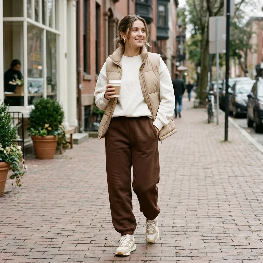 Brown Sweatpants with a Puffer Vest and Sneakers