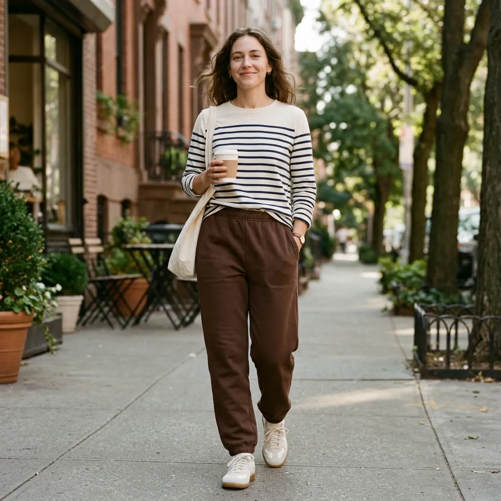 Brown Sweatpants with a Striped Long-Sleeve Top