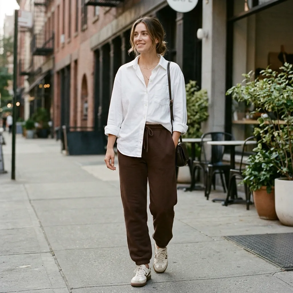 Brown Sweatpants with a White Button-Down Shirt