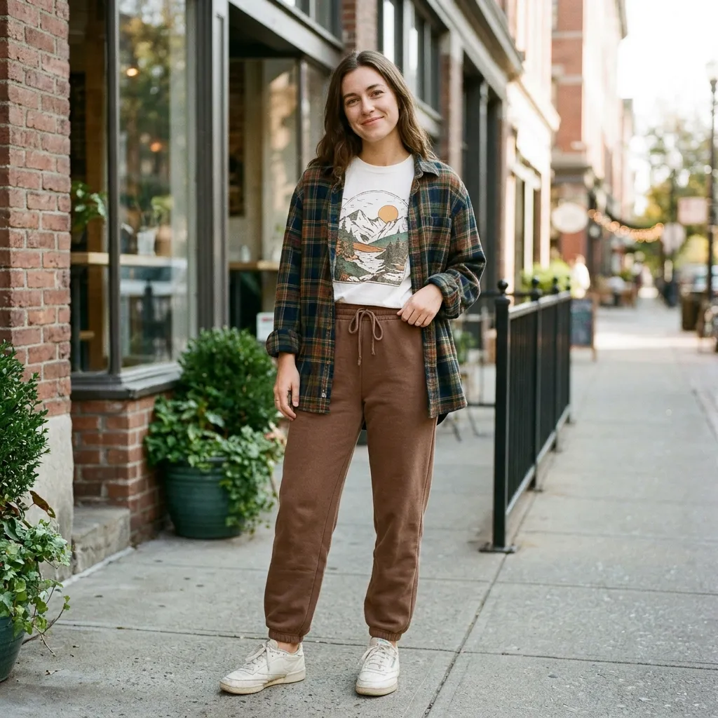 rown Sweatpants with a White Graphic Tee and Flannel Shirt