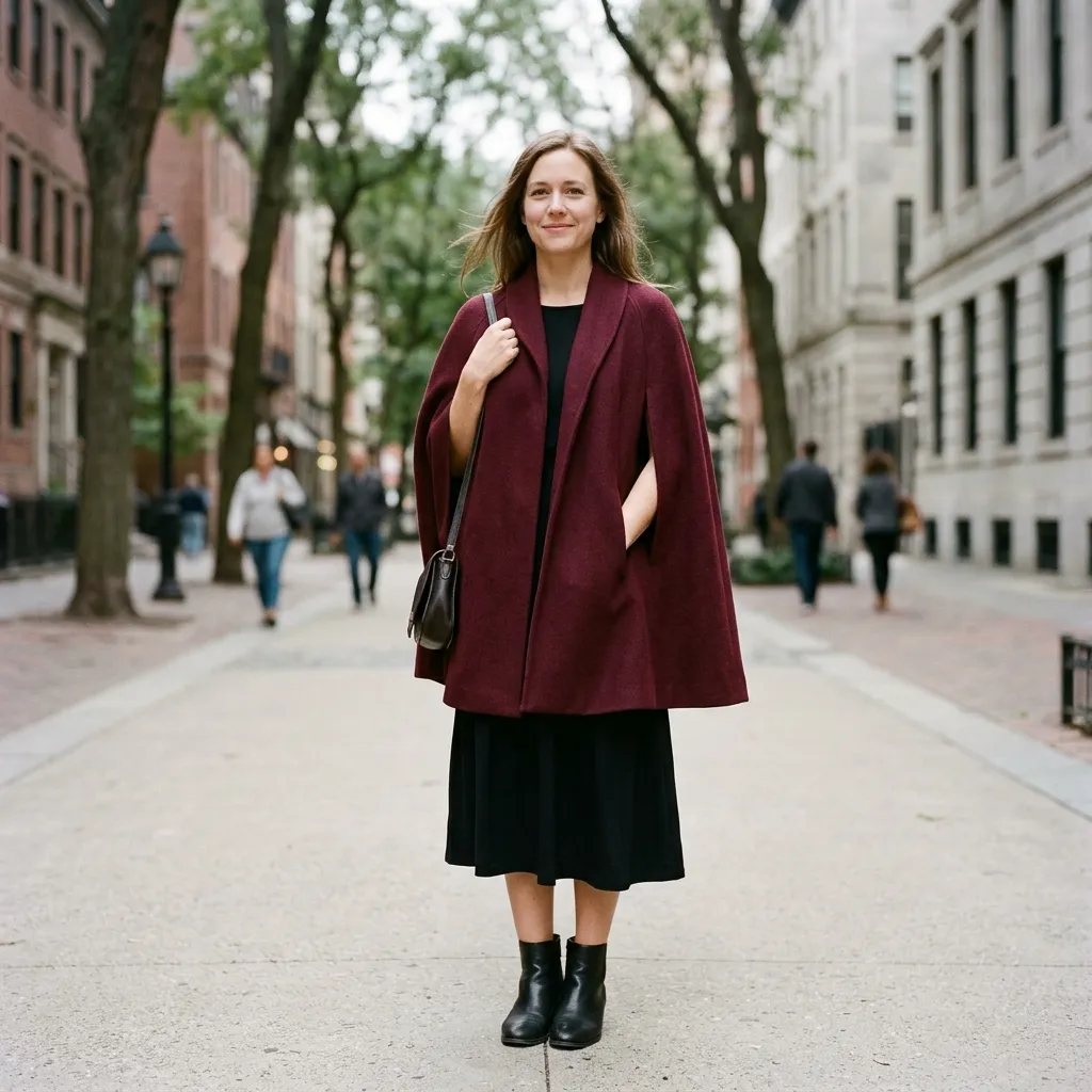 Burgundy Cape Coat with a Black Midi Dress