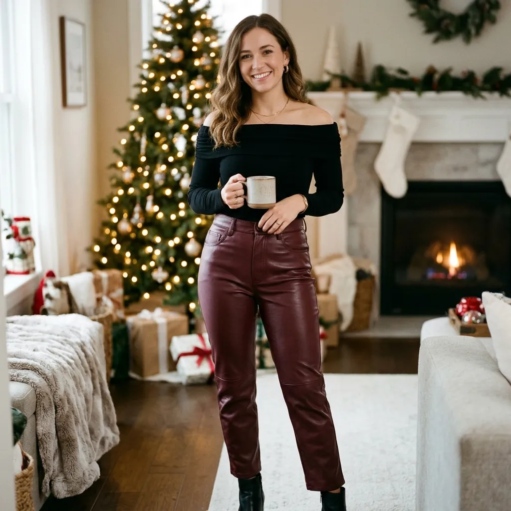Burgundy Leather Pants with a Black Off-Shoulder Top