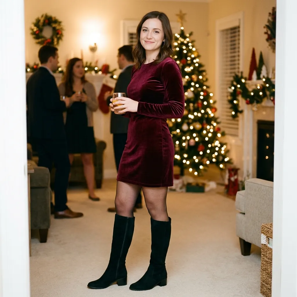 Burgundy Mini Dress with Knee-High Boots