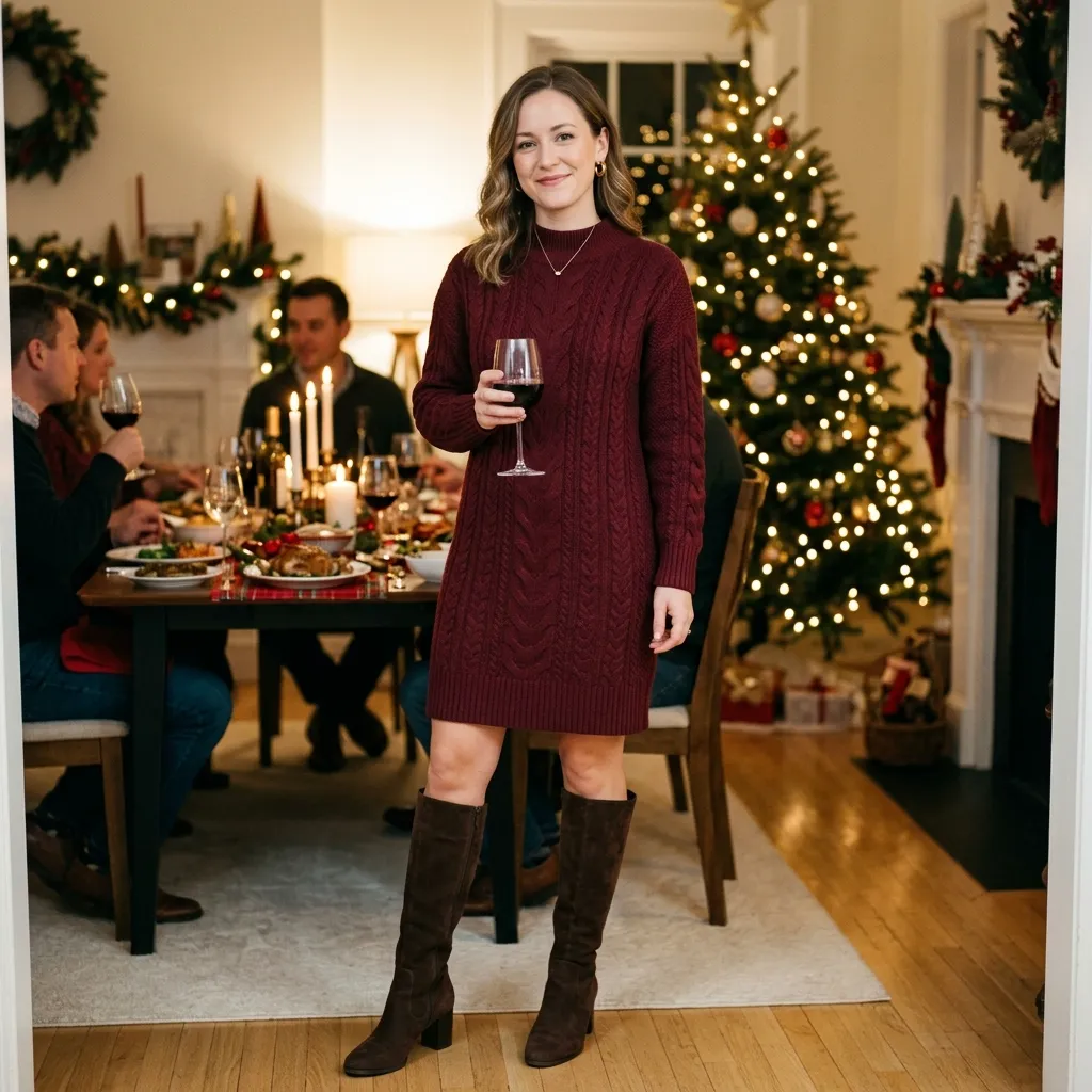 Burgundy Sweater Dress with Knee-High Boots