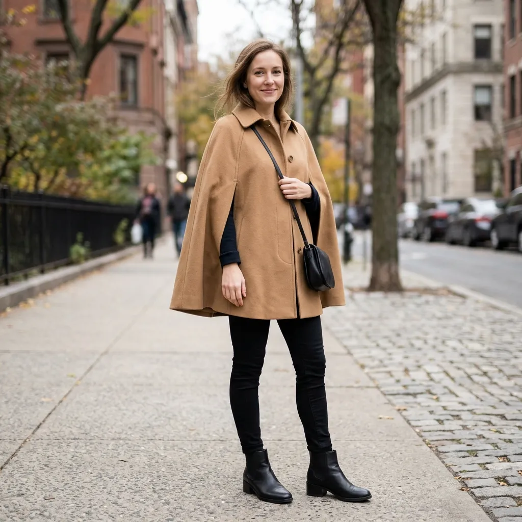 Camel Cape Coat with Black Skinny Jeans and Ankle Boots