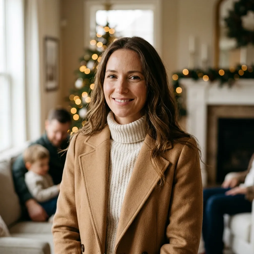 Camel Coats with Neutral Knitwear for an Elegant Family Portrait