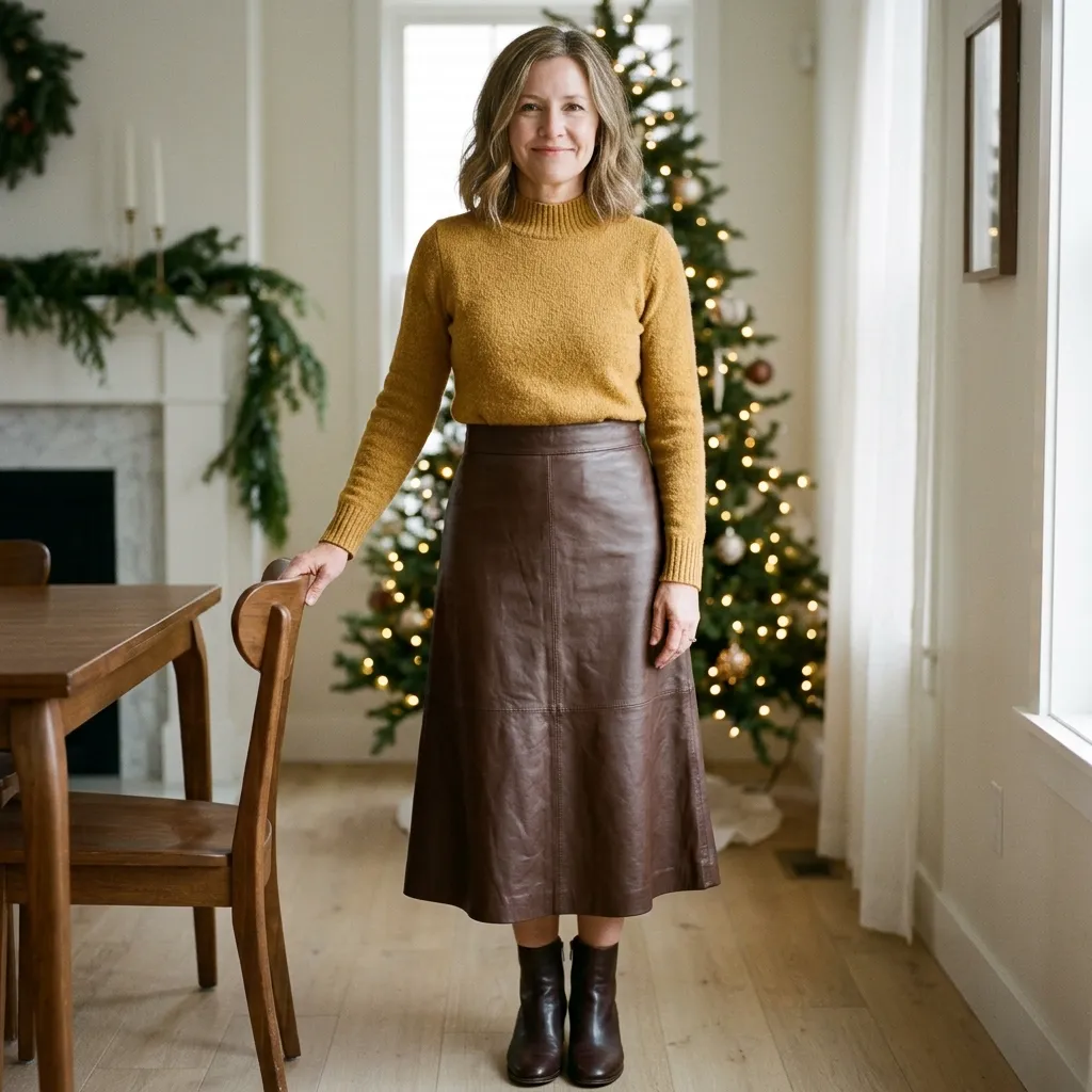 Chocolate Brown Leather Skirt with a Mustard Knit Top