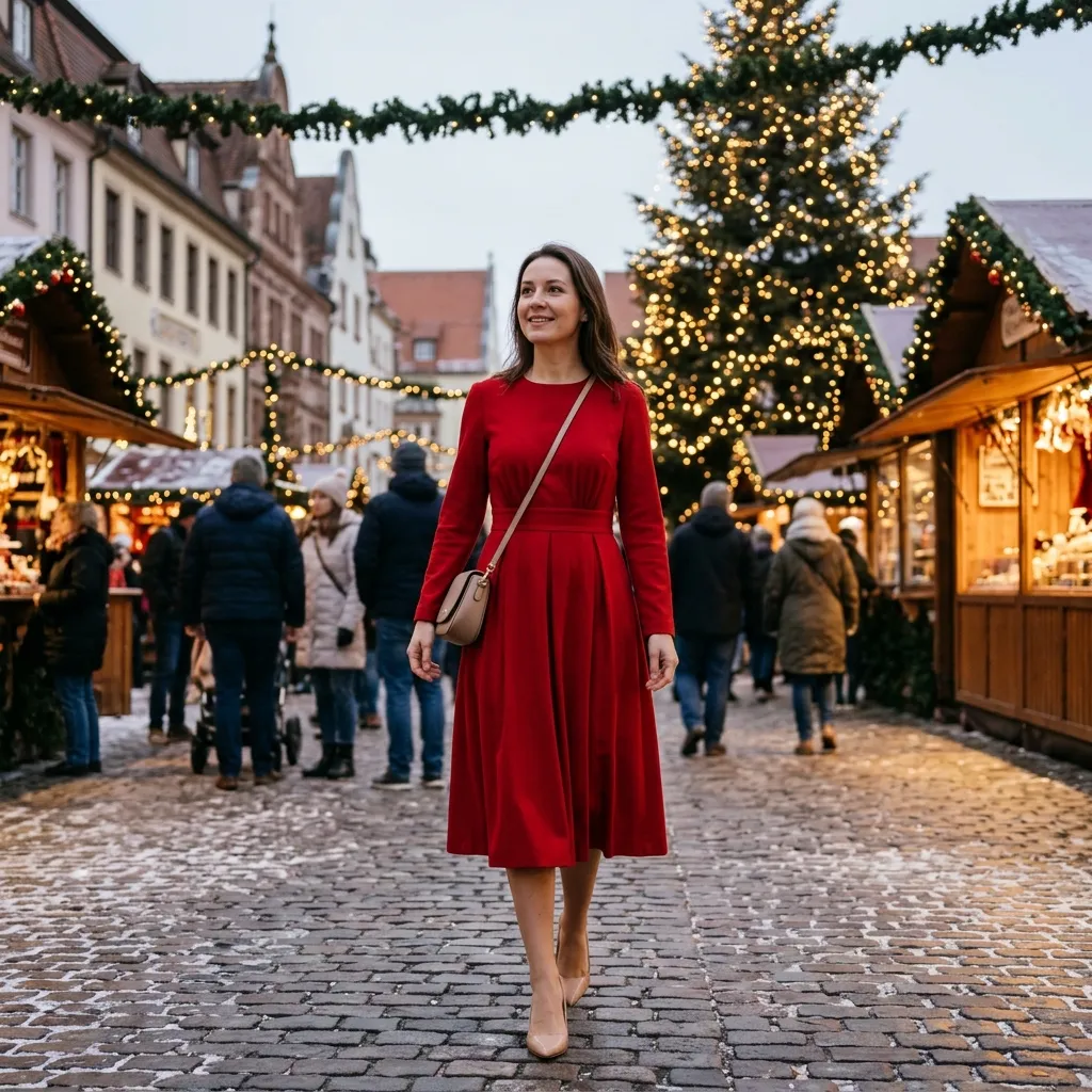 Elegant Red Midi Dress with Nude Heels
