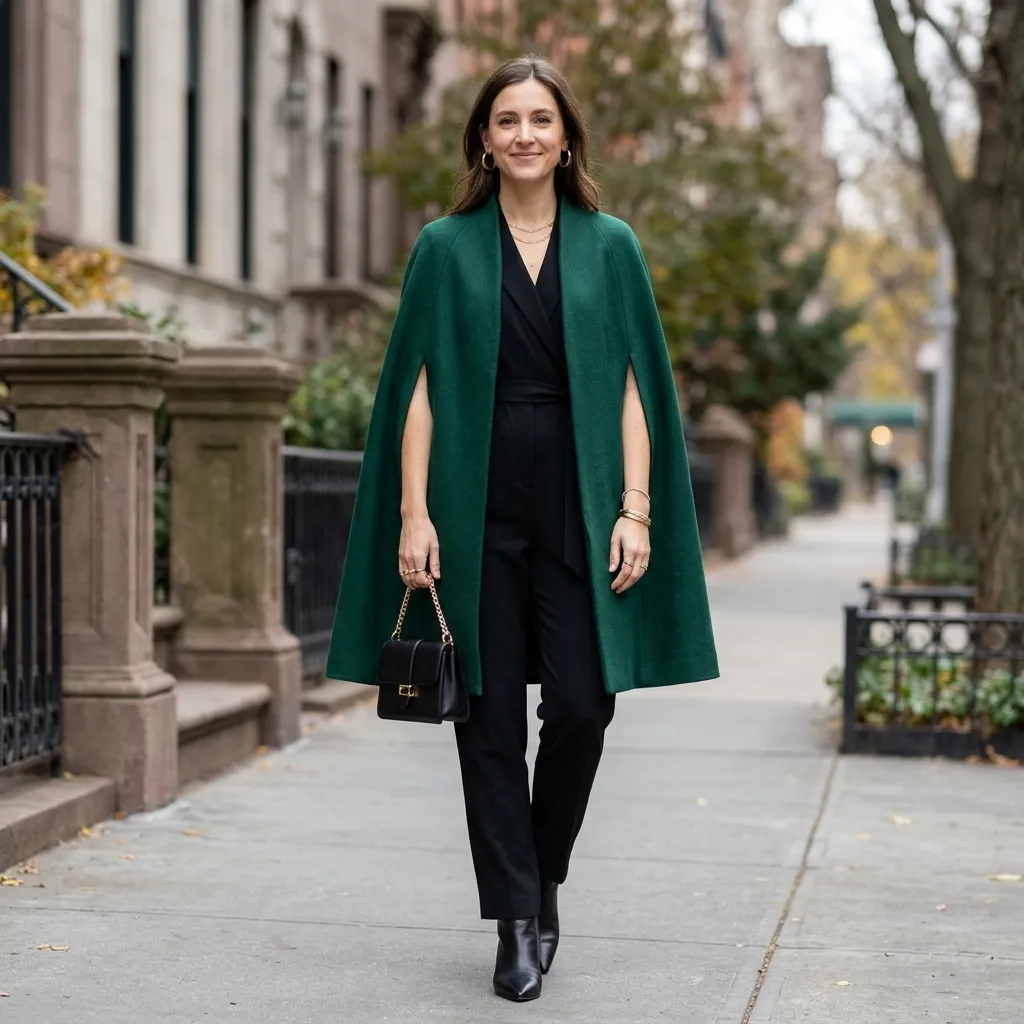 Emerald Green Cape Coat with a Black Jumpsuit and Gold Accessories