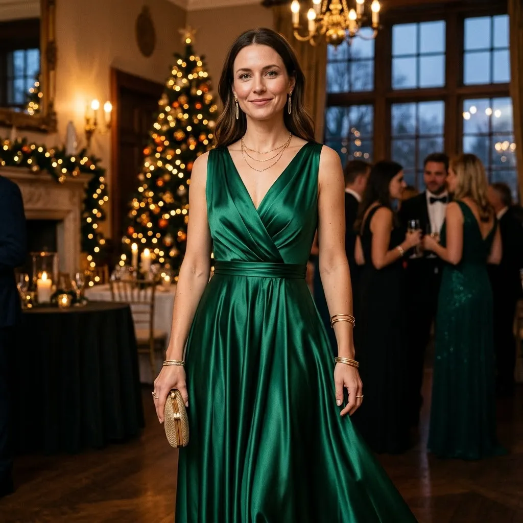 Emerald Green Satin Gown with Gold Accessories