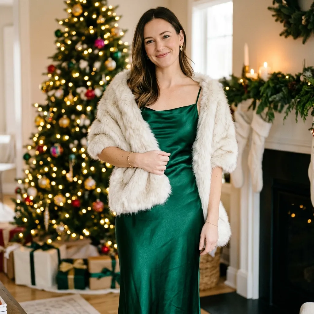 Emerald Green Satin Slip Dress with a Faux-Fur Shawl