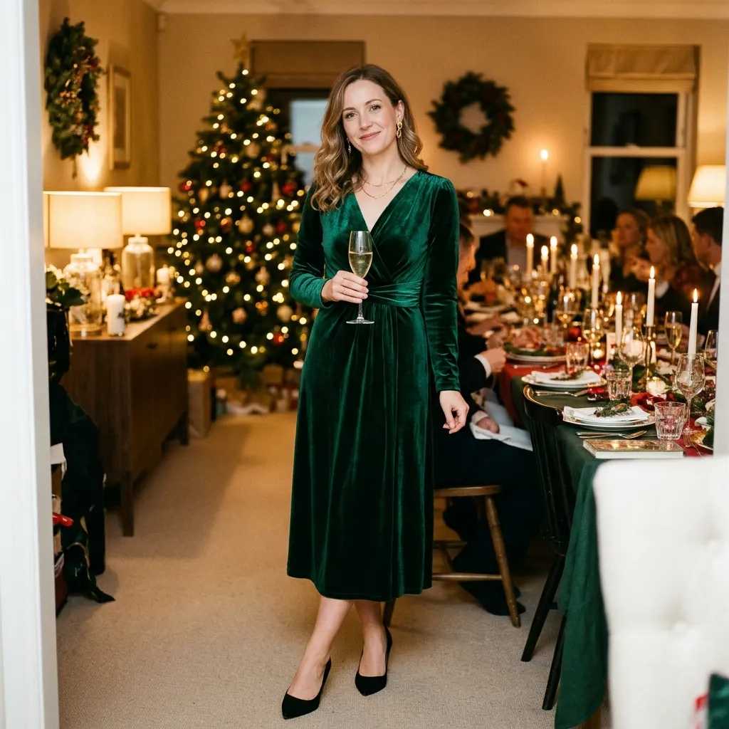 Emerald Green Velvet Dress with Black Heels