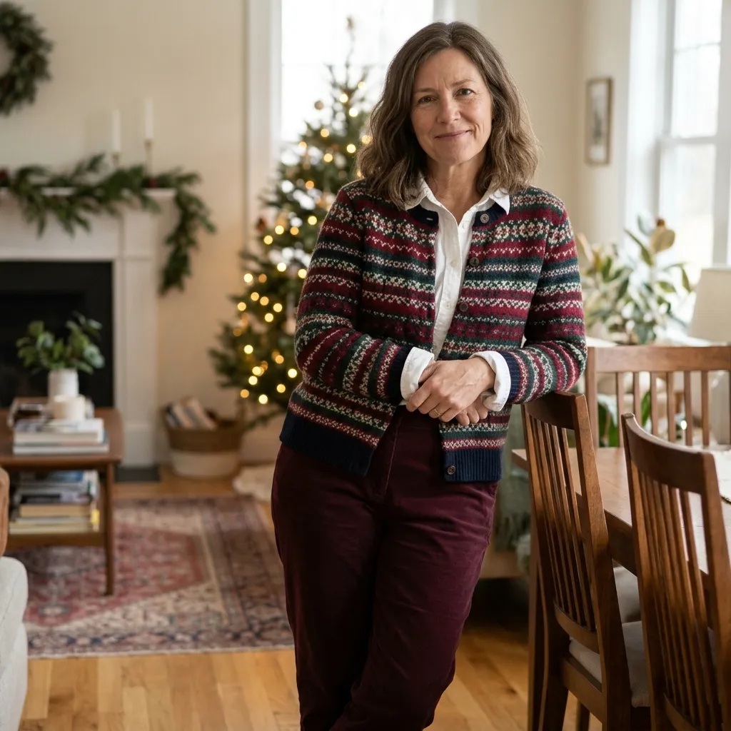 Festive Fair Isle Cardigan with a White Shirt and Burgundy Trousers