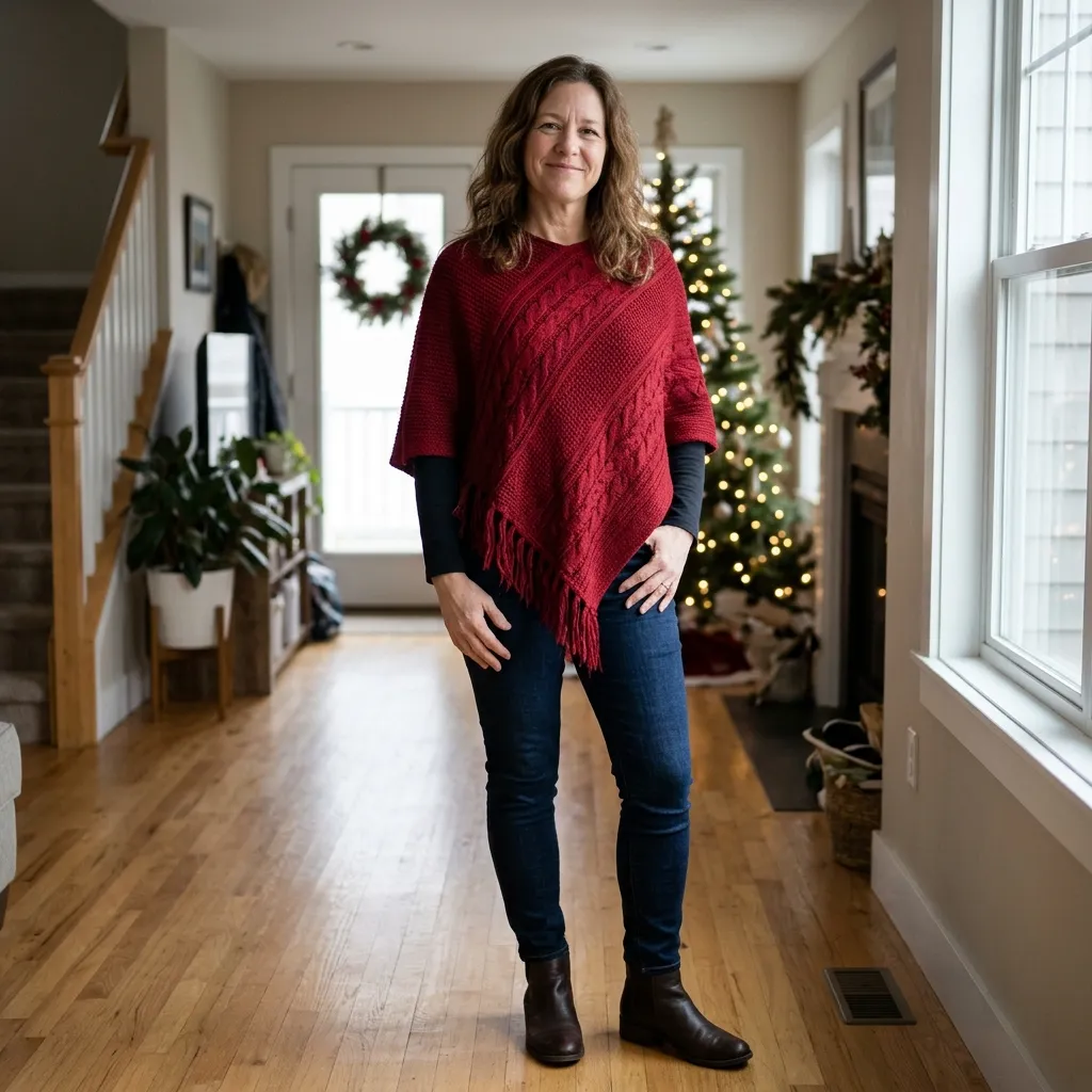 Festive Red Poncho with Dark Skinny Jeans