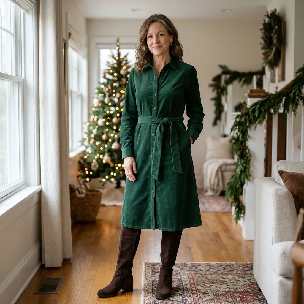 Forest Green Corduroy Dress with Tall Suede Boots