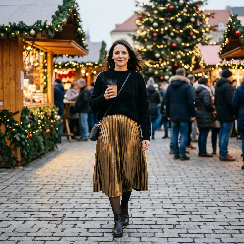 Gold Metallic Skirt with Black Sweater