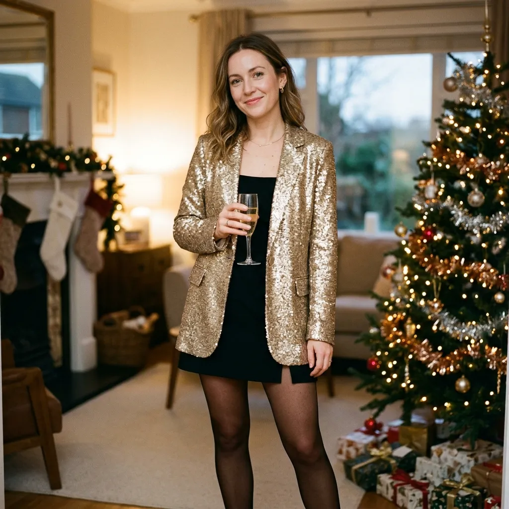 Gold Sequin Blazer with a Black Mini Dress