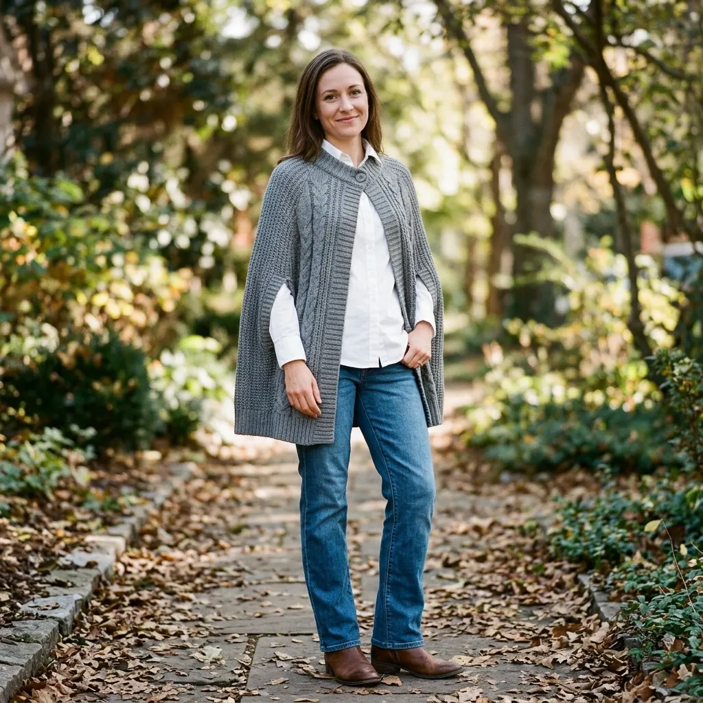 Gray Knit Cape with a White Shirt and Straight-Leg Jeans