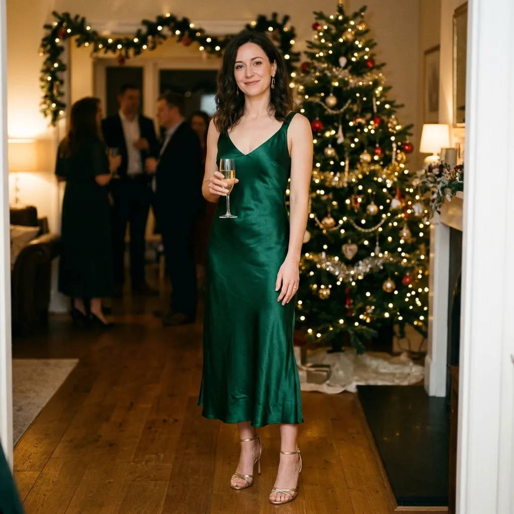 Green Satin Dress with Strappy Heels