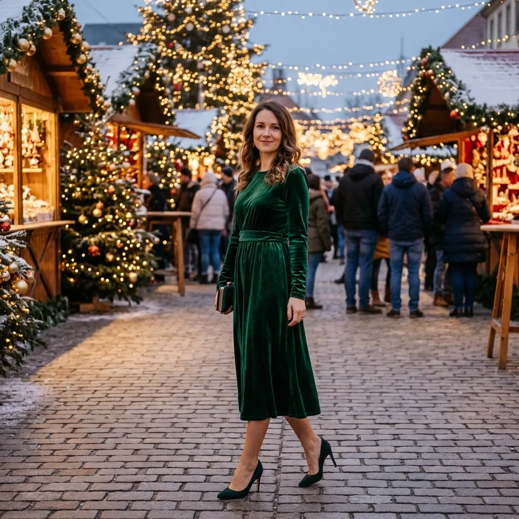 Green Velvet Dress with Heels