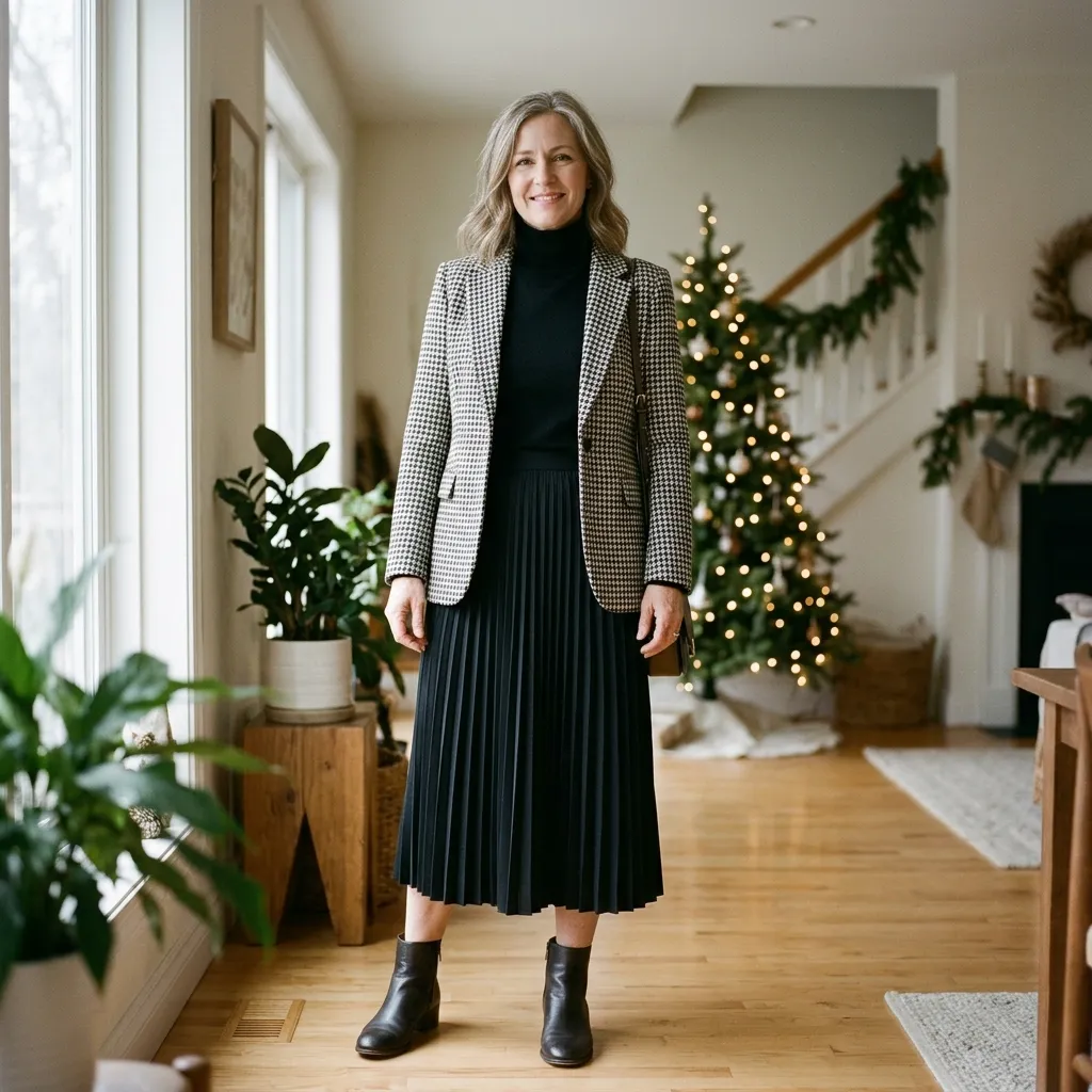 Houndstooth Blazer with a Pleated Black Midi Skirt