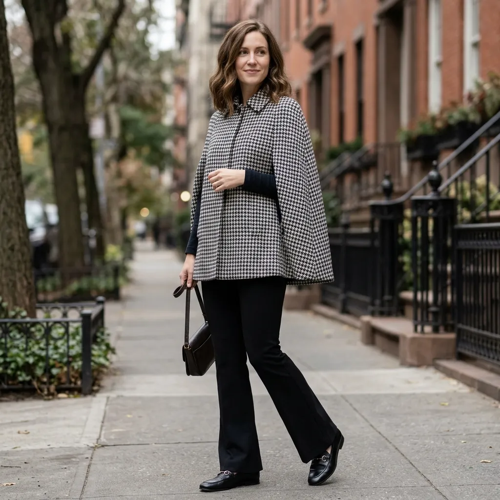 Houndstooth Cape with Black Flared Pants and Loafers