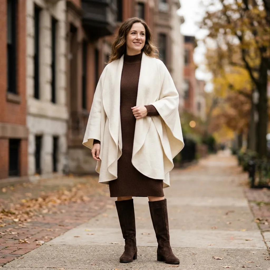 Ivory Cape Coat with a Brown Sweater Dress and Suede Boots