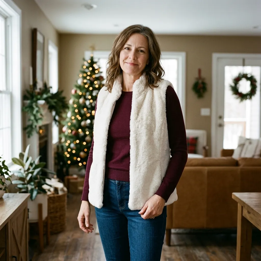  Ivory Faux-Fur Vest with a Burgundy Long-Sleeve Top and Jeans
