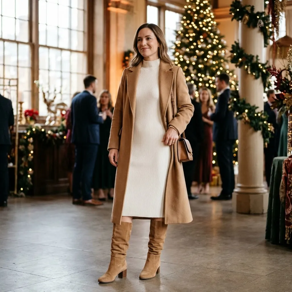 Ivory Knit Dress with a Long Camel Coat and Suede Boots