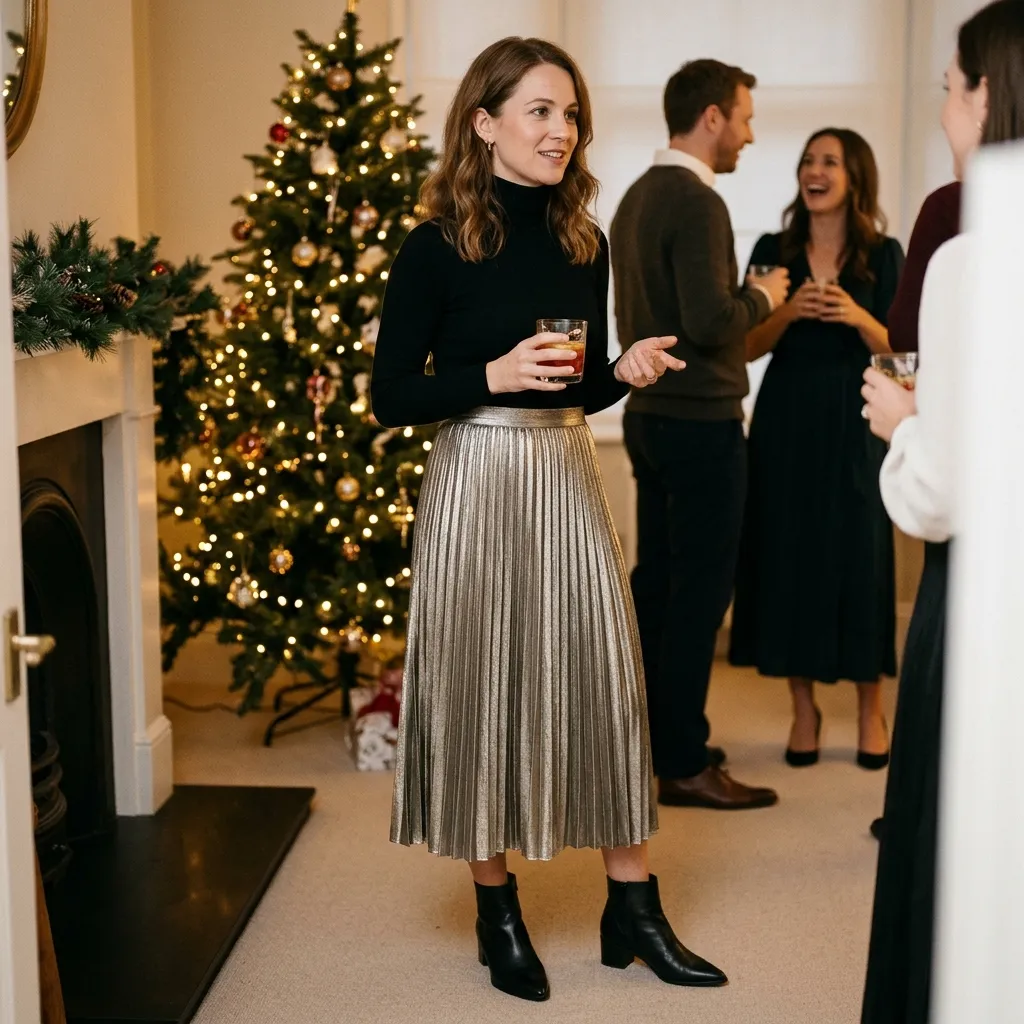 Metallic Pleated Skirt with a Black Turtleneck