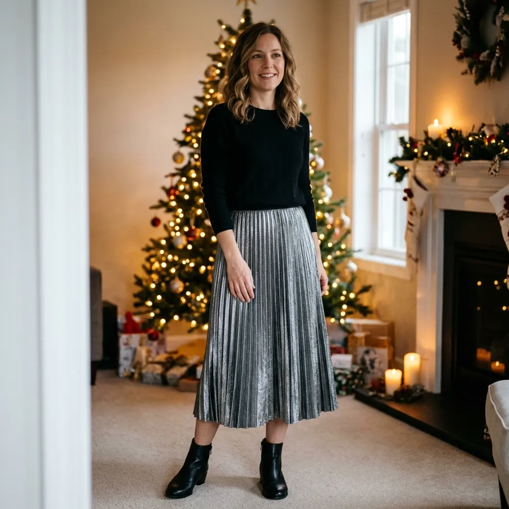 Metallic Silver Midi Skirt with a Black Cashmere Sweater