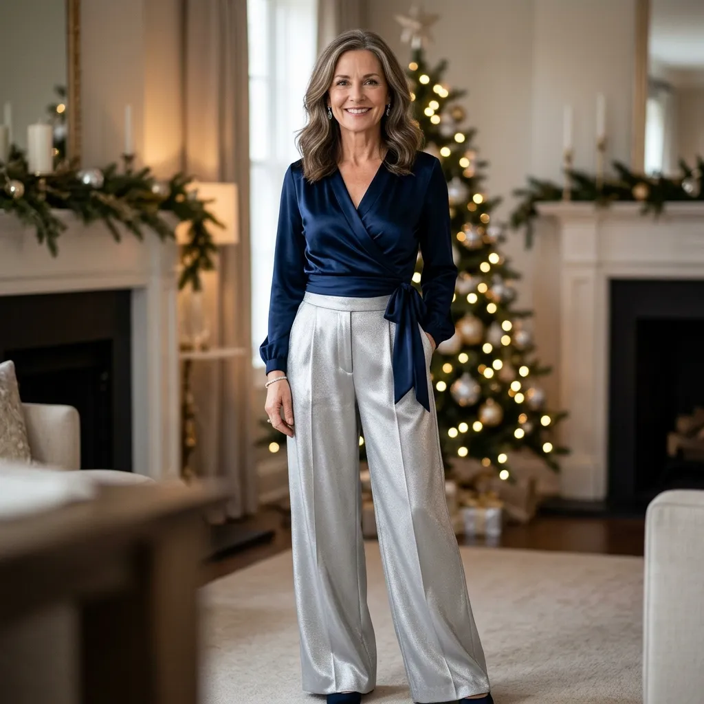 Midnight Blue Wrap Top with Silver Wide-Leg Trousers