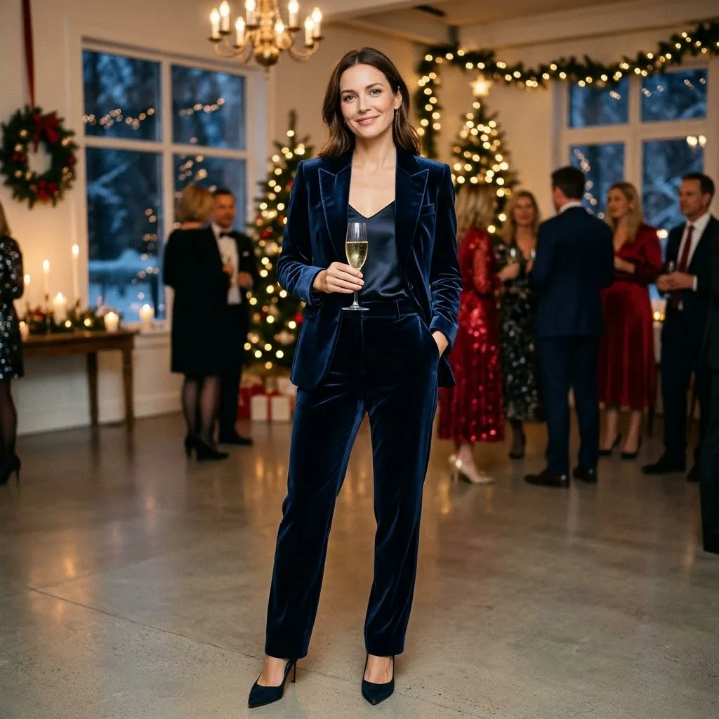 Navy Blue Velvet Suit with Pointed-Toe Pumps