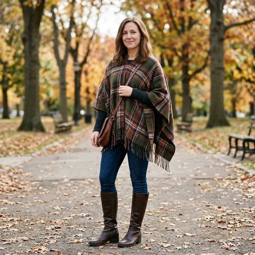 Plaid Cape Poncho with Dark-Wash Jeans and Knee-High Boots