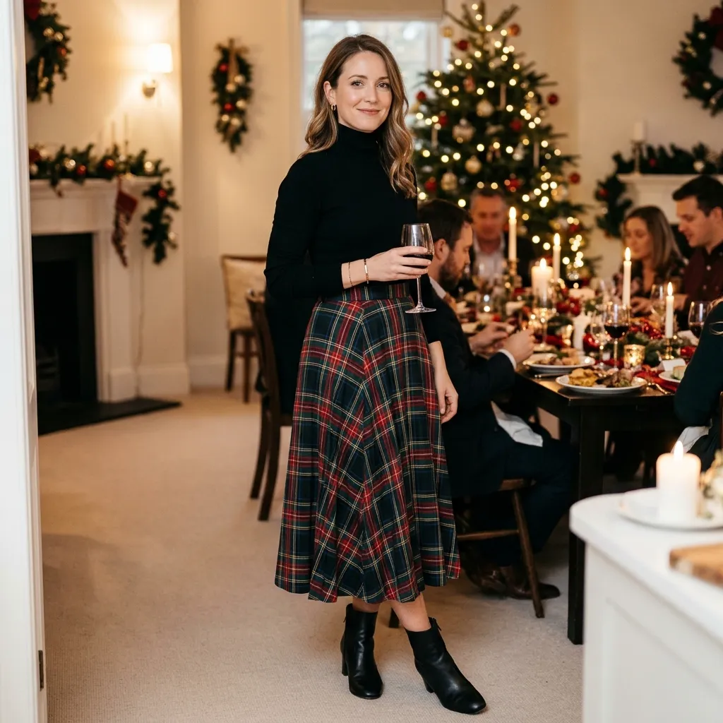 Plaid Midi Skirt with a Fitted Black Turtleneck