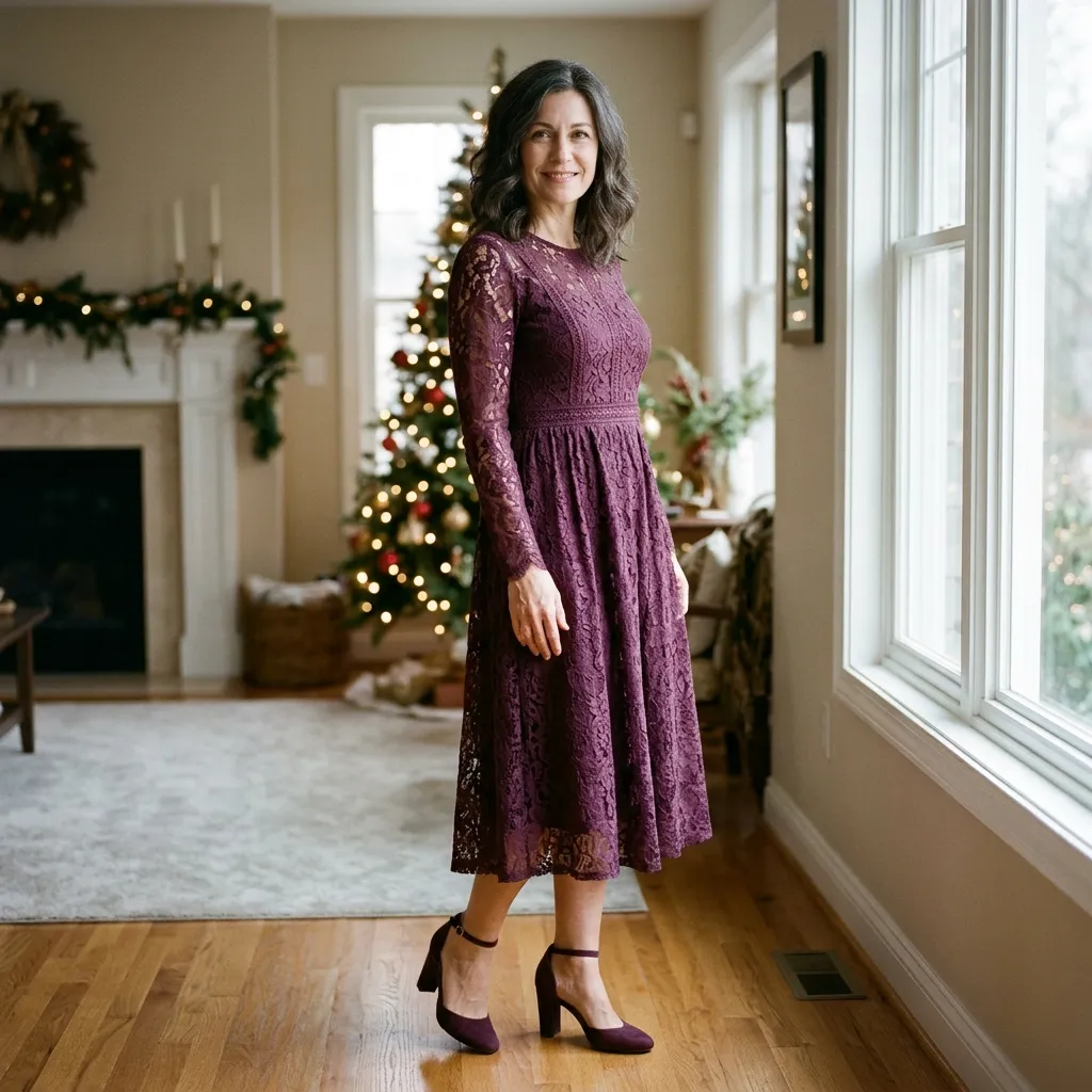 Plum Lace Midi Dress with Ankle-Strap Heels