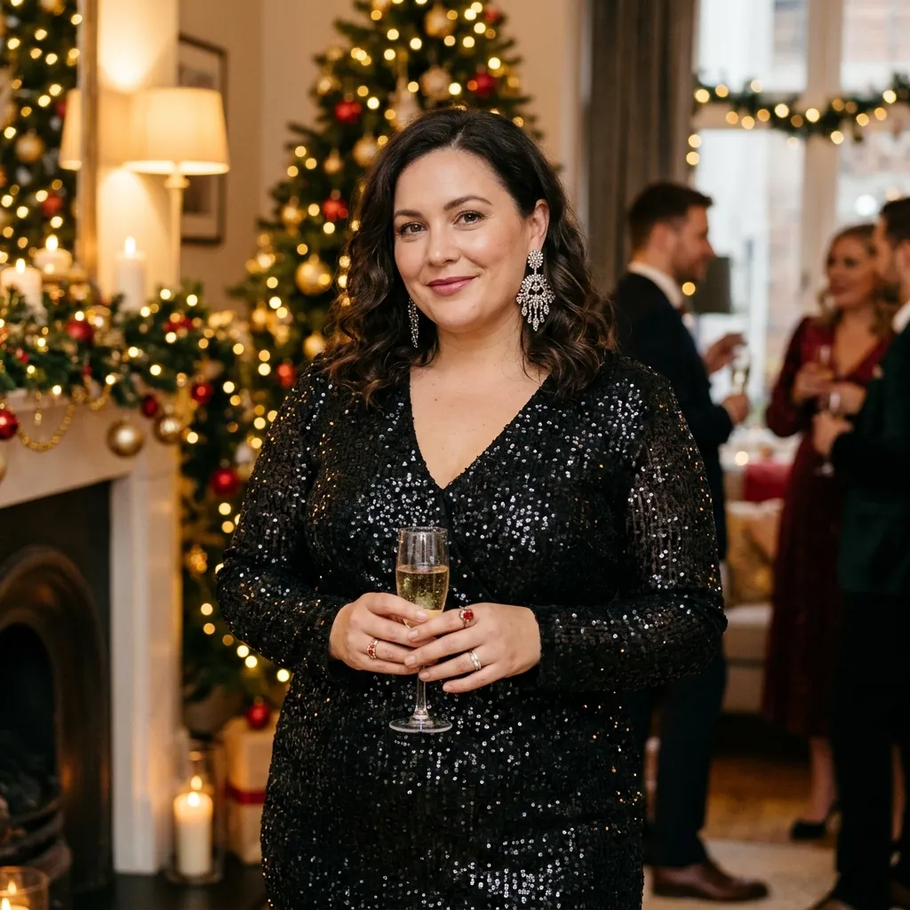 Plus Size Black Sequin Dress with Statement Earrings