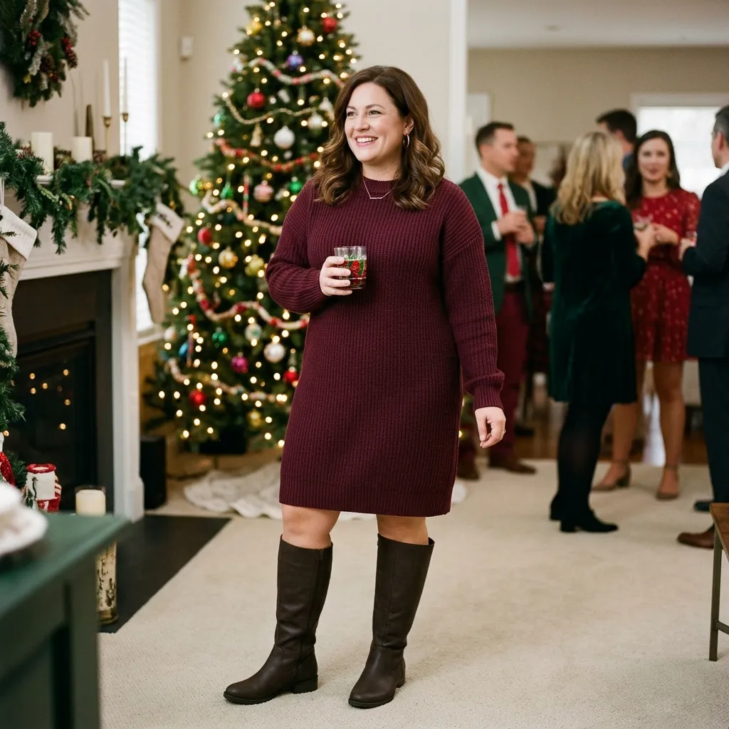 Plus Size Burgundy Sweater Dress with Knee-High Boots