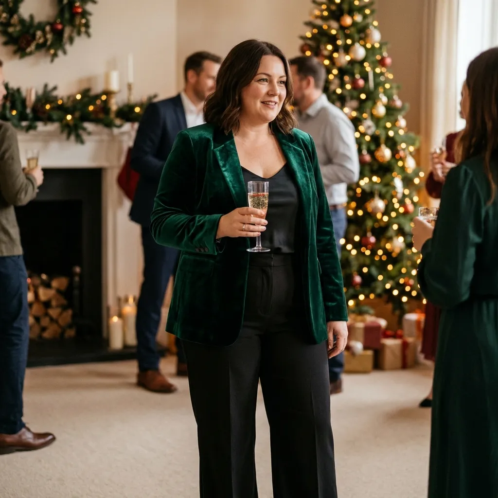 Plus Size Green Velvet Blazer with Black Trousers