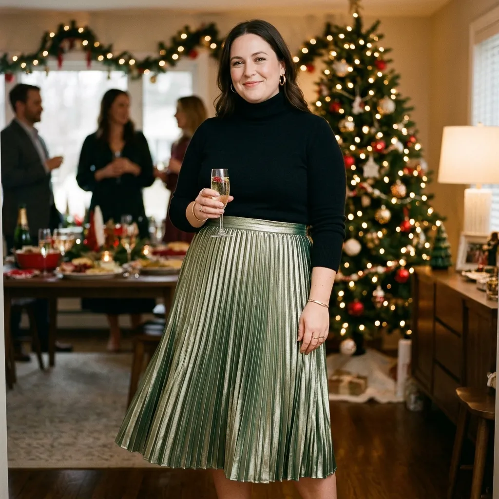 Plus Size Metallic Pleated Skirt with a Black Turtleneck