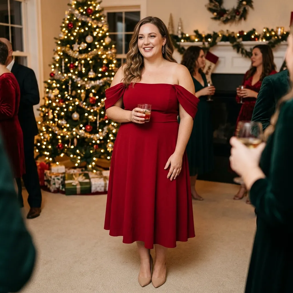 Plus Size Off-Shoulder Red Dress with Nude Heels