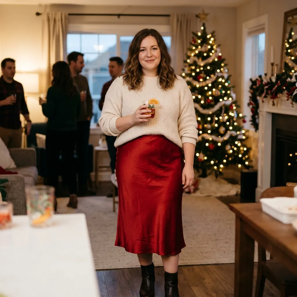 Plus Size Red Satin Midi Skirt with a Cream Sweater