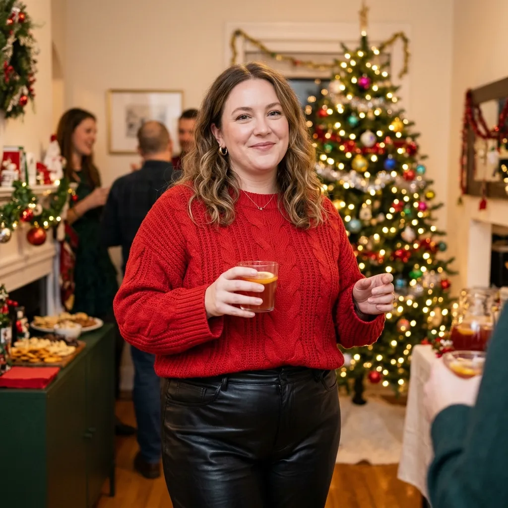 Plus Size Red Sweater with Black Leather Pants