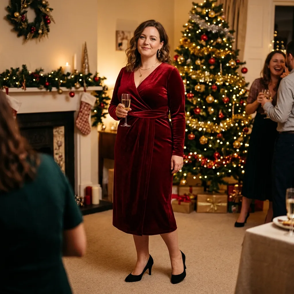 Plus Size Red Velvet Dress with Black Heels