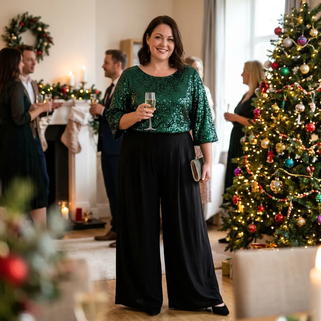 Plus Size Sequin Top with Wide-Leg Trousers