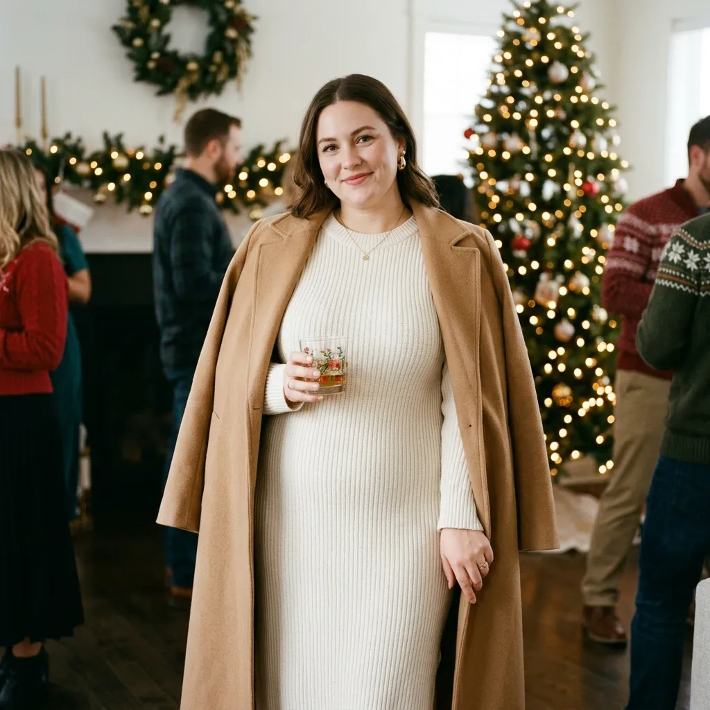 Plus Size White Knit Dress with a Camel Coat