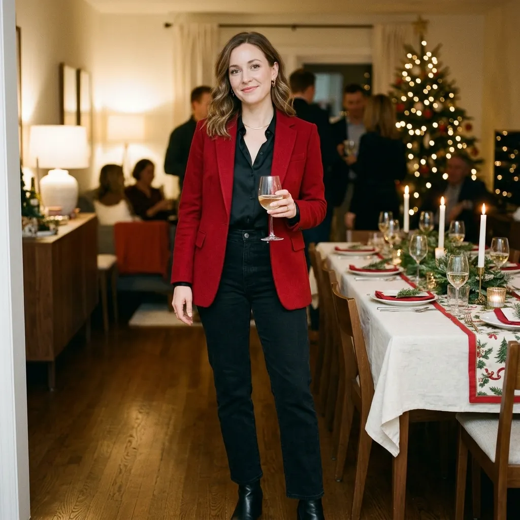 Red Blazer with Black Straight-Leg Jeans