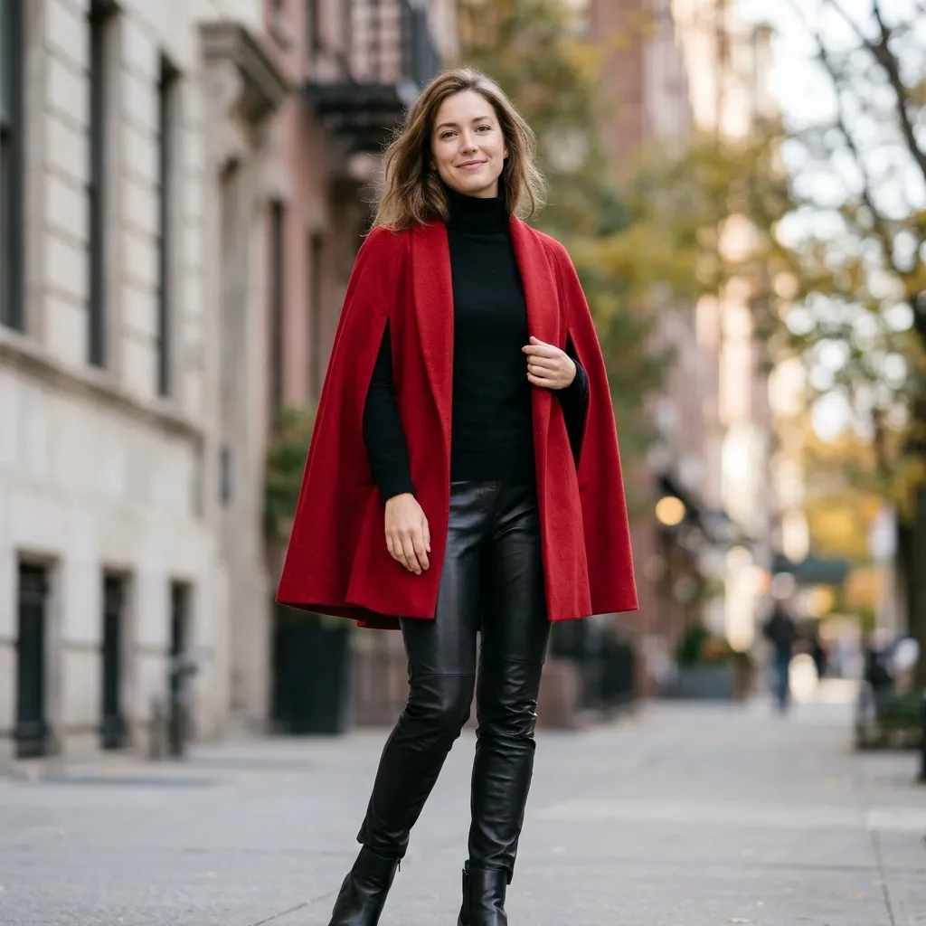 Red Cape Coat with a Black Turtleneck and Leather Pants