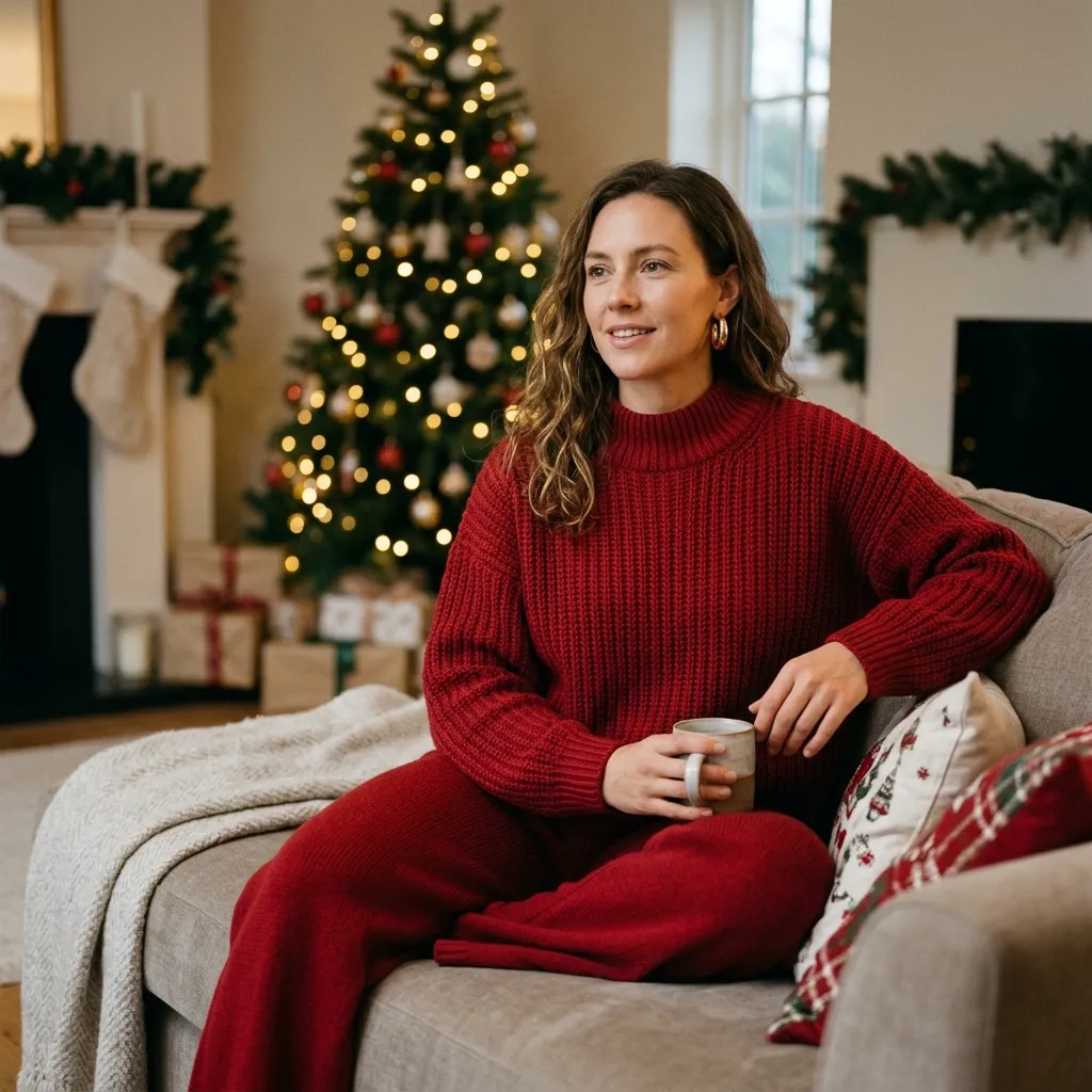 Red Knit Co-Ord Set with Gold Hoop Earrings